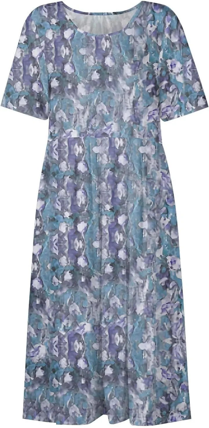Midi Dresses for Women Short Sleeve Flowy A-Line Dress Casual Floral Print Beach Sundress with Pockets 2025