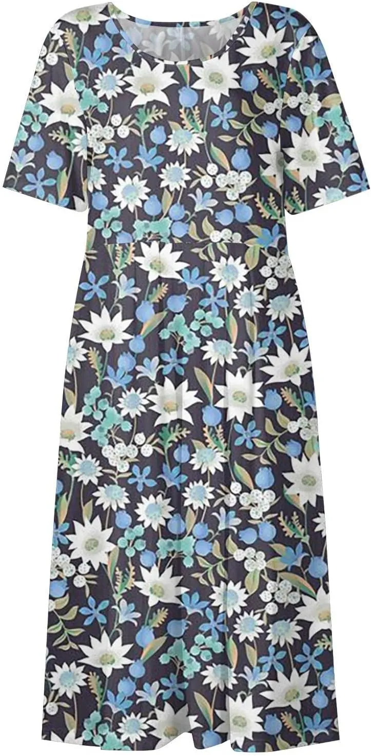 Midi Dresses for Women Short Sleeve Flowy A-Line Dress Casual Floral Print Beach Sundress with Pockets 2025