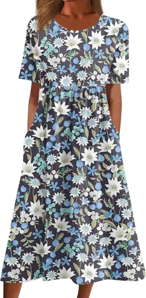 Midi Dresses for Women Short Sleeve Flowy A-Line Dress Casual Floral Print Beach Sundress with Pockets 2025