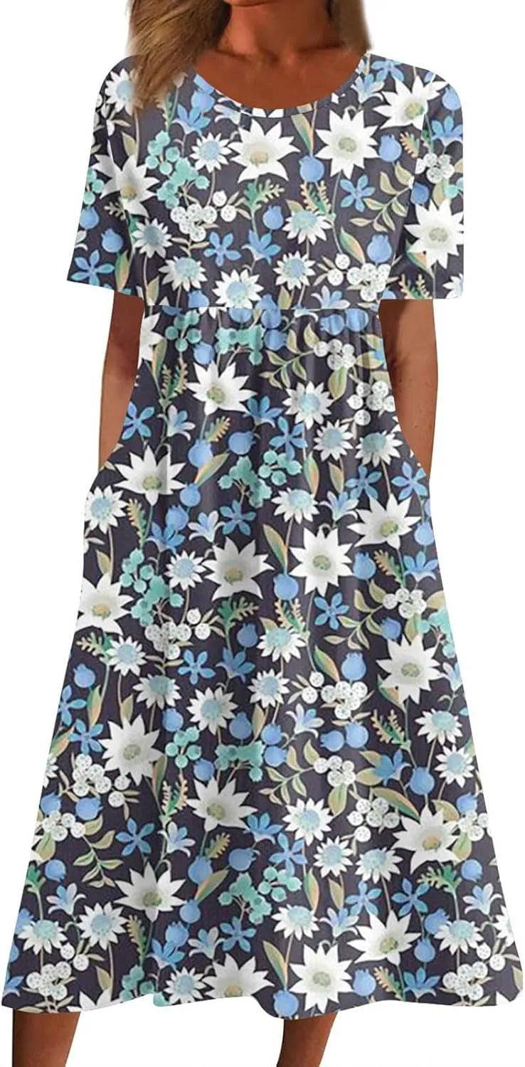 Midi Dresses for Women Short Sleeve Flowy A-Line Dress Casual Floral Print Beach Sundress with Pockets 2025