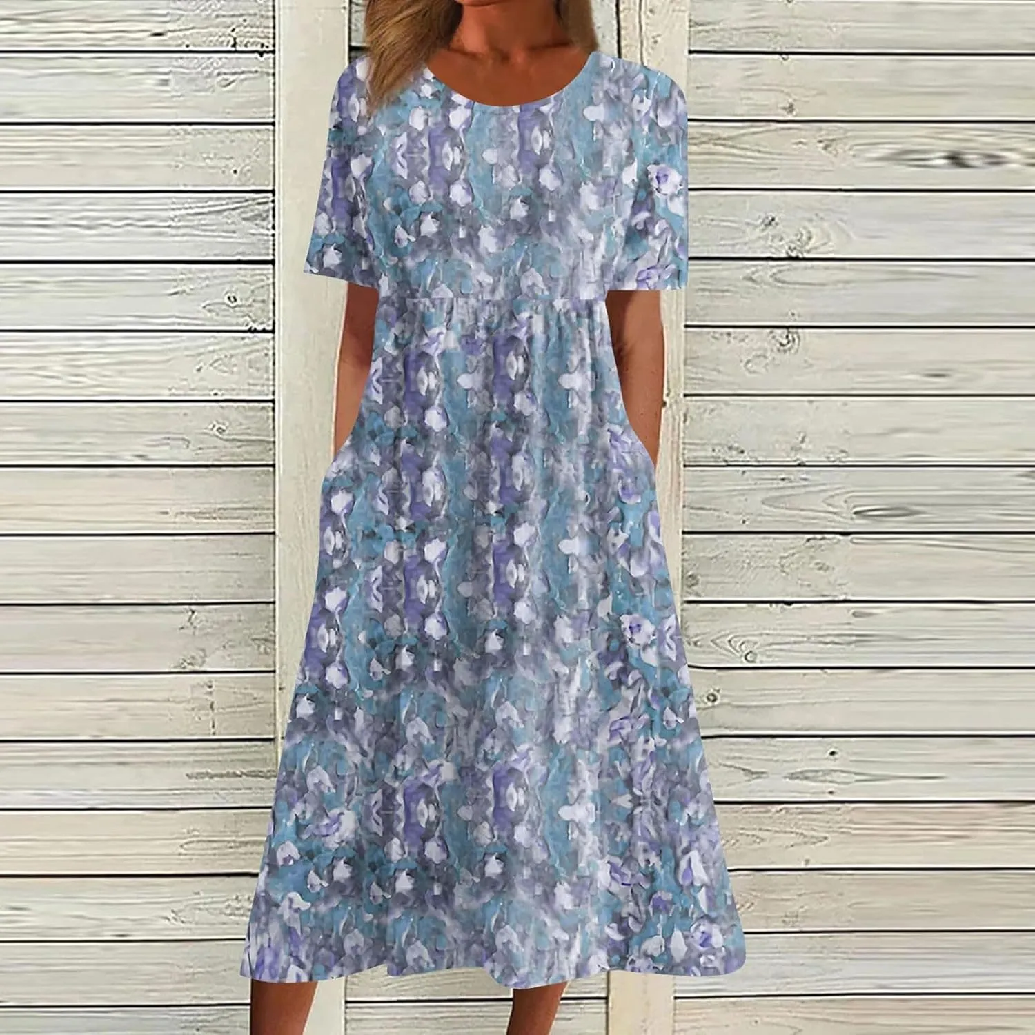 Midi Dresses for Women Short Sleeve Flowy A-Line Dress Casual Floral Print Beach Sundress with Pockets 2025