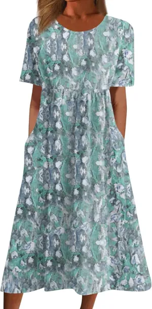 Midi Dresses for Women Short Sleeve Flowy A-Line Dress Casual Floral Print Beach Sundress with Pockets 2025