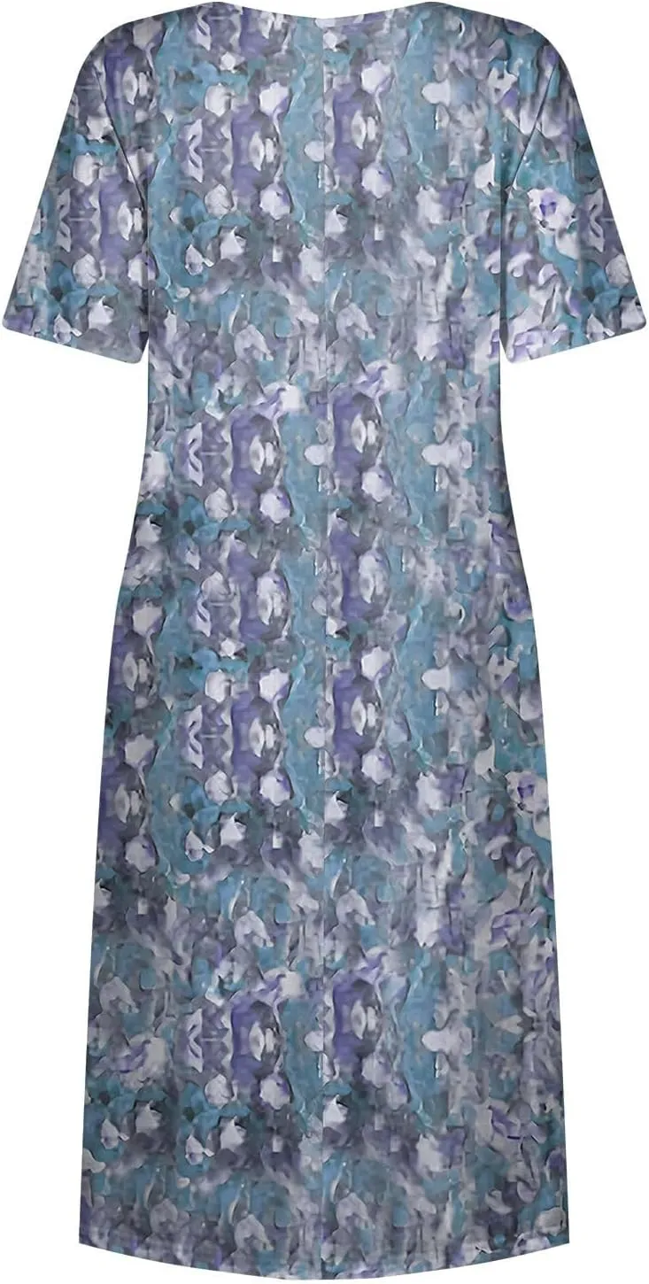 Midi Dresses for Women Short Sleeve Flowy A-Line Dress Casual Floral Print Beach Sundress with Pockets 2025