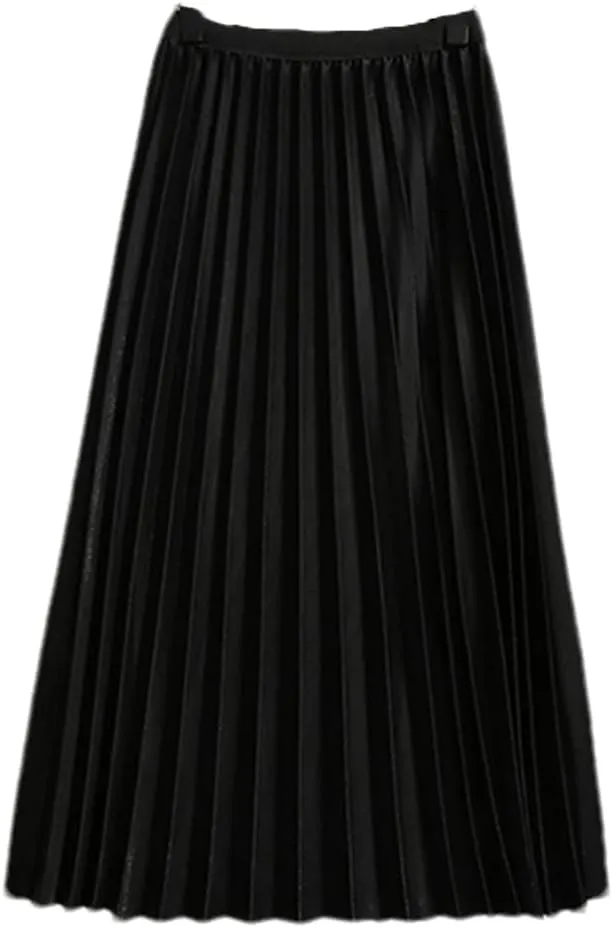 Midi Long Skirt Women Basic A Line Elastic High Waist Pleated Skirt Female Ladies