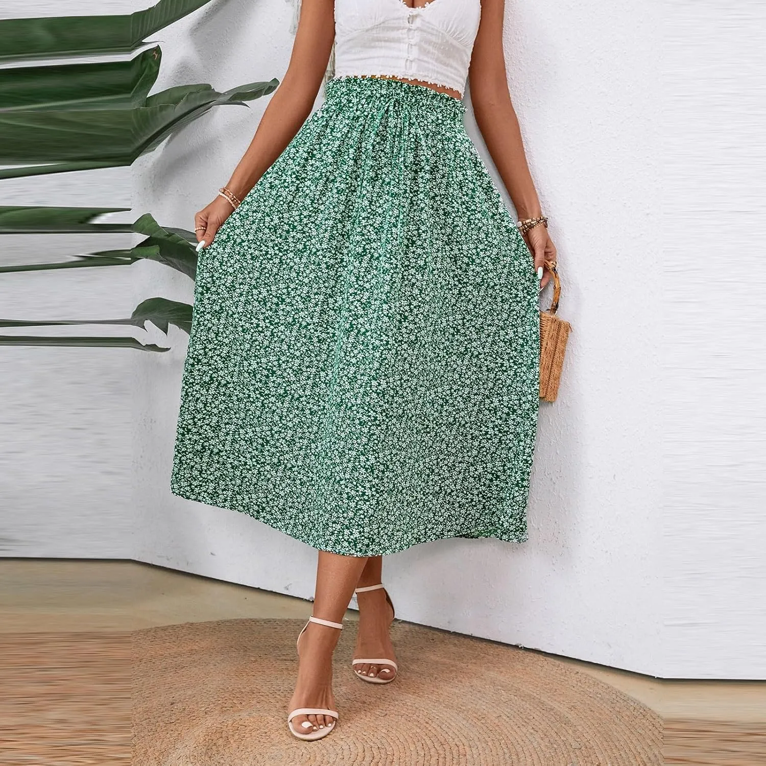 Midi Skirts for Women Trendy Casual Summer Lightweight Linen Skirt Drawstring High Waisted Flowy Skirt with Pockets