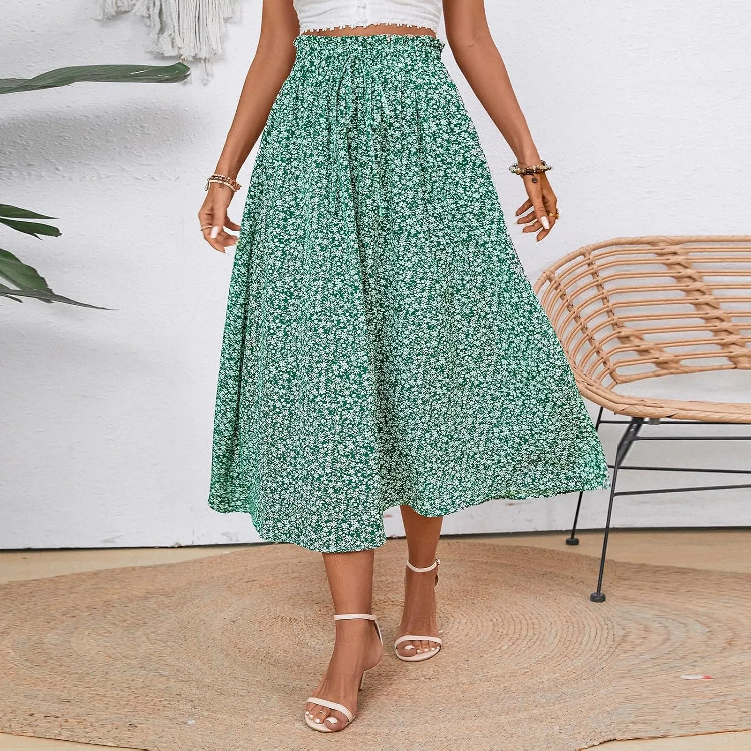 Midi Skirts for Women Trendy Casual Summer Lightweight Linen Skirt Drawstring High Waisted Flowy Skirt with Pockets