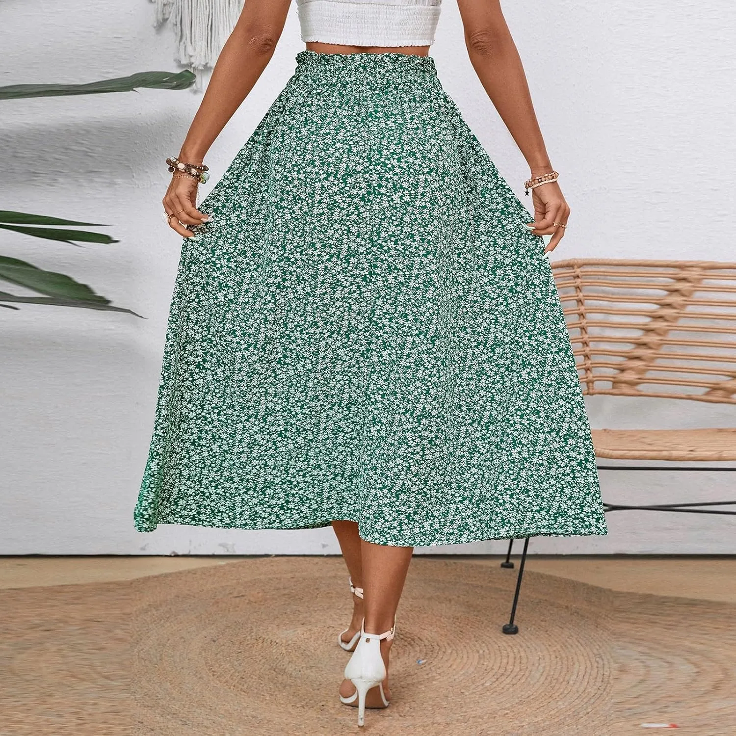 Midi Skirts for Women Trendy Casual Summer Lightweight Linen Skirt Drawstring High Waisted Flowy Skirt with Pockets