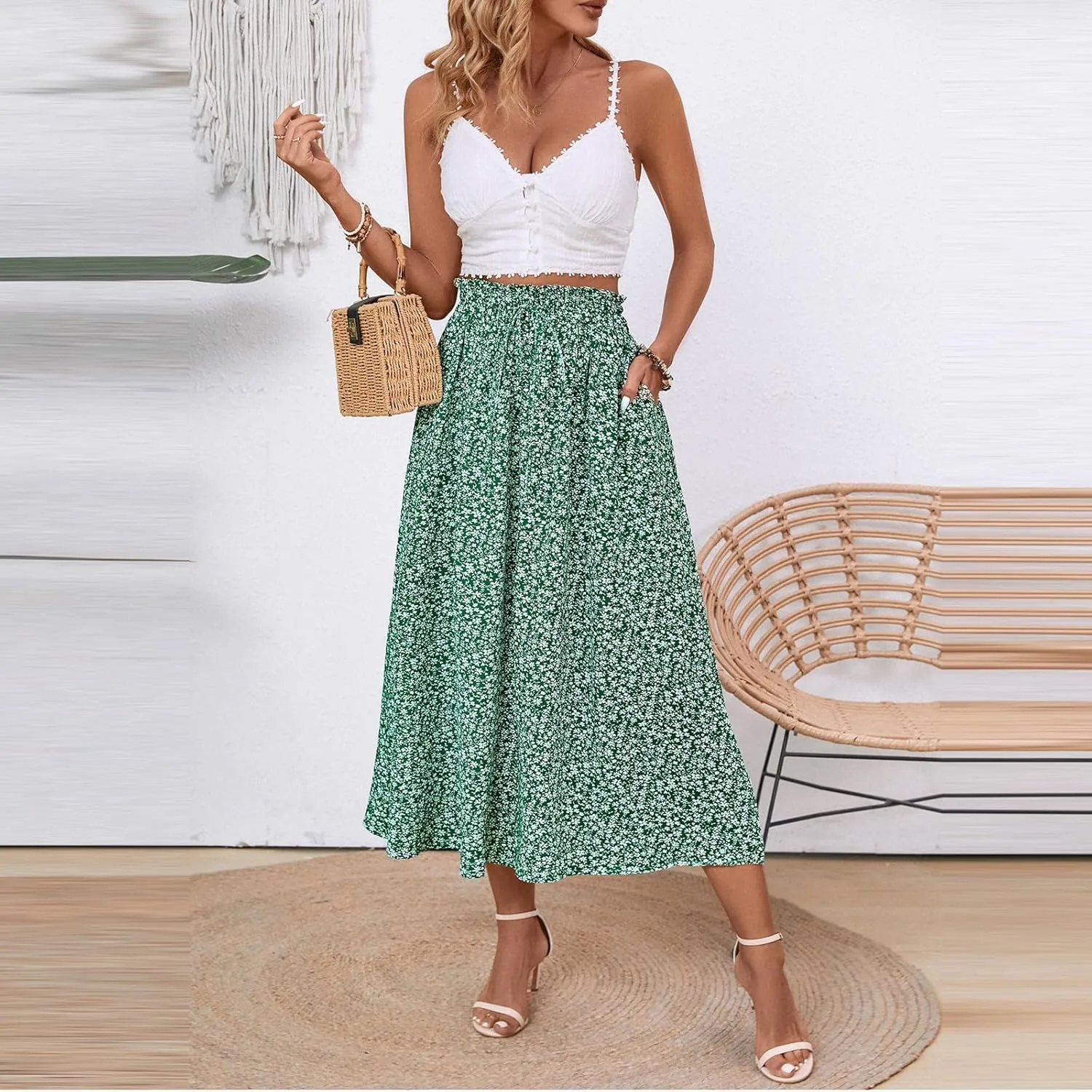 Midi Skirts for Women Trendy Casual Summer Lightweight Linen Skirt Drawstring High Waisted Flowy Skirt with Pockets