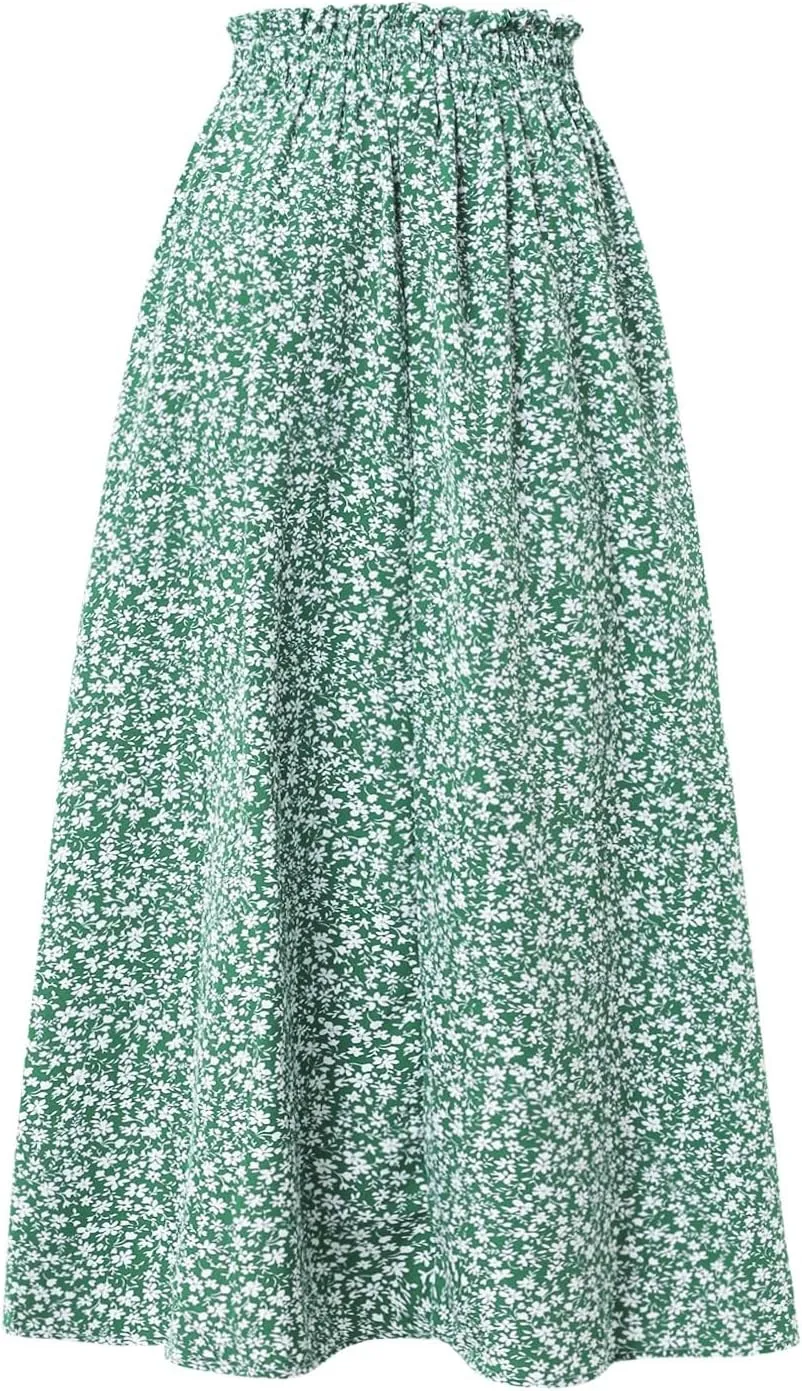 Midi Skirts for Women Trendy Casual Summer Lightweight Linen Skirt Drawstring High Waisted Flowy Skirt with Pockets