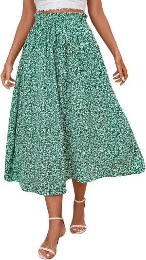 Midi Skirts for Women Trendy Casual Summer Lightweight Linen Skirt Drawstring High Waisted Flowy Skirt with Pockets