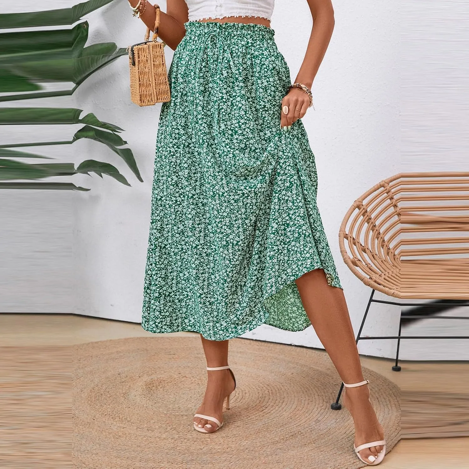 Midi Skirts for Women Trendy Casual Summer Lightweight Linen Skirt Drawstring High Waisted Flowy Skirt with Pockets