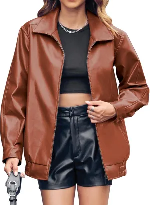 Miladusa Womens Oversized Leather Jackets Faux Casual Zip Up Trendy Bomber Motorcycle Jacket with Pockets S-XL