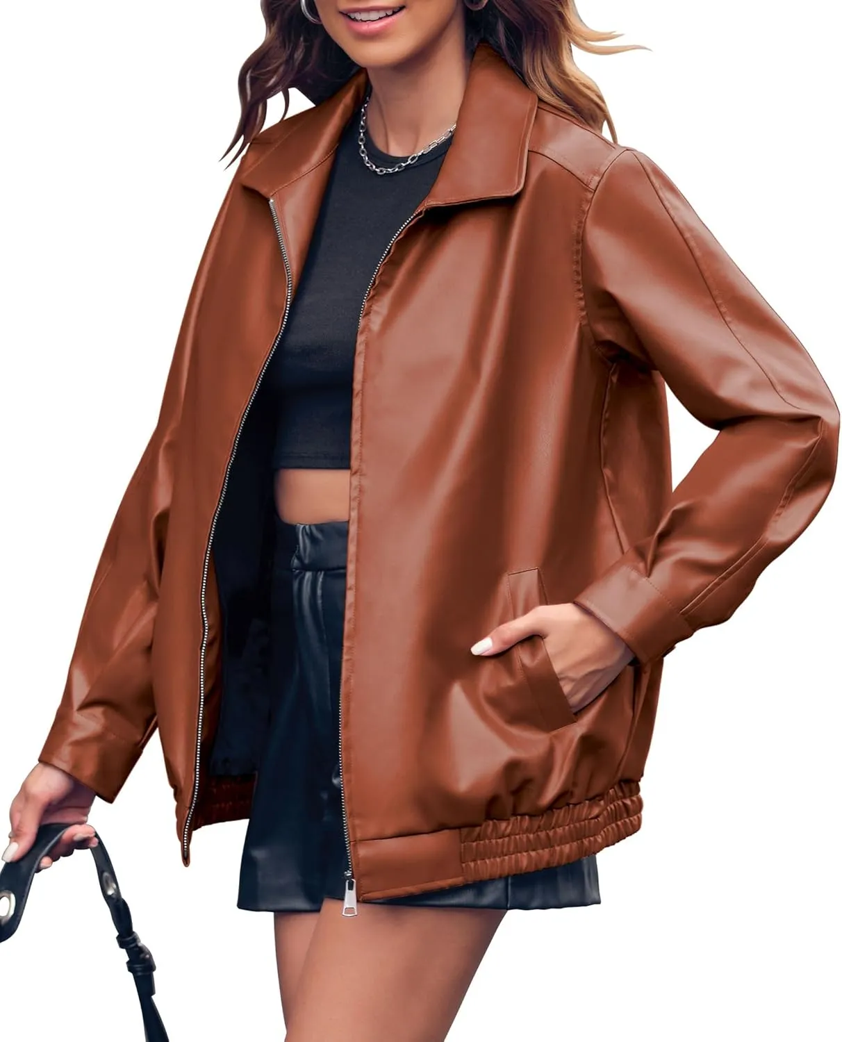 Miladusa Womens Oversized Leather Jackets Faux Casual Zip Up Trendy Bomber Motorcycle Jacket with Pockets S-XL