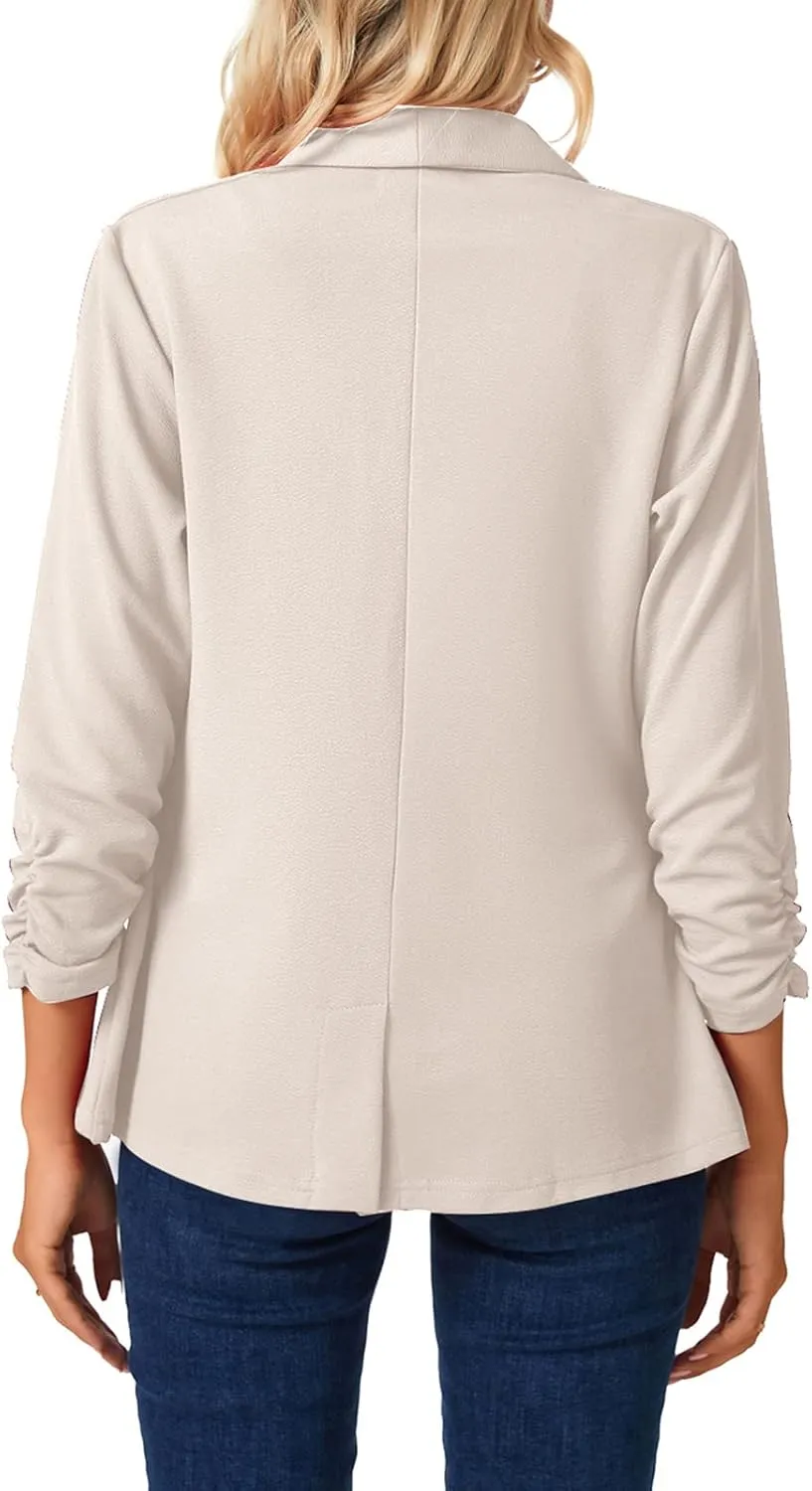 MINTLIMIT Womens Casual Open Front Blazers 3/4 Ruched Sleeve Business Work Blazer Jackets with Pockets