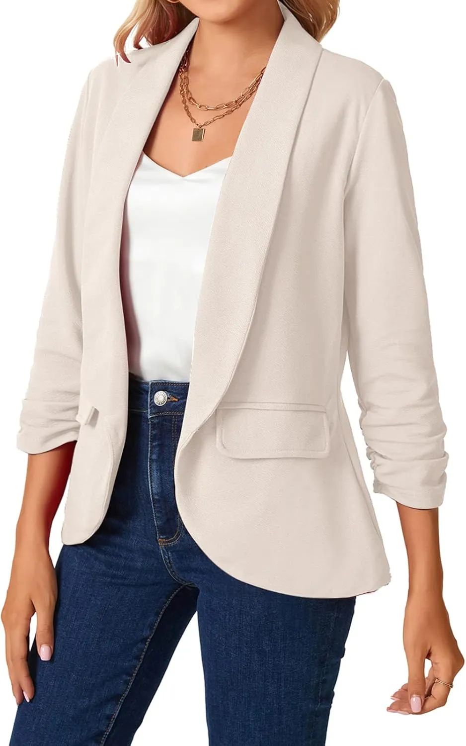 MINTLIMIT Womens Casual Open Front Blazers 3/4 Ruched Sleeve Business Work Blazer Jackets with Pockets