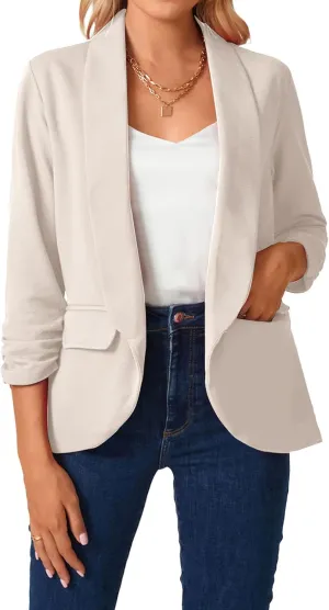 MINTLIMIT Womens Casual Open Front Blazers 3/4 Ruched Sleeve Business Work Blazer Jackets with Pockets