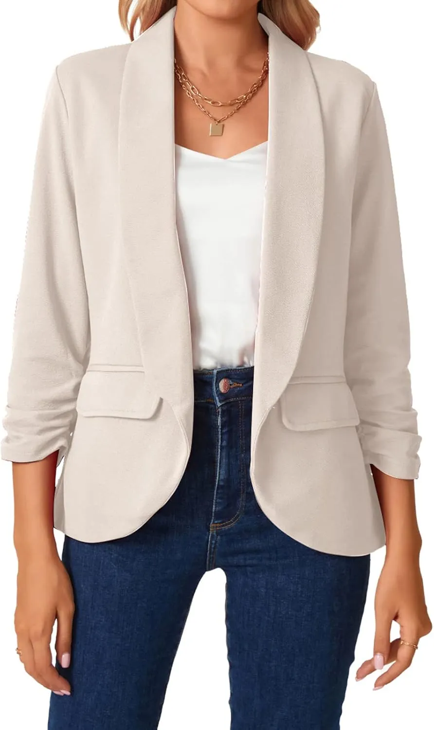 MINTLIMIT Womens Casual Open Front Blazers 3/4 Ruched Sleeve Business Work Blazer Jackets with Pockets