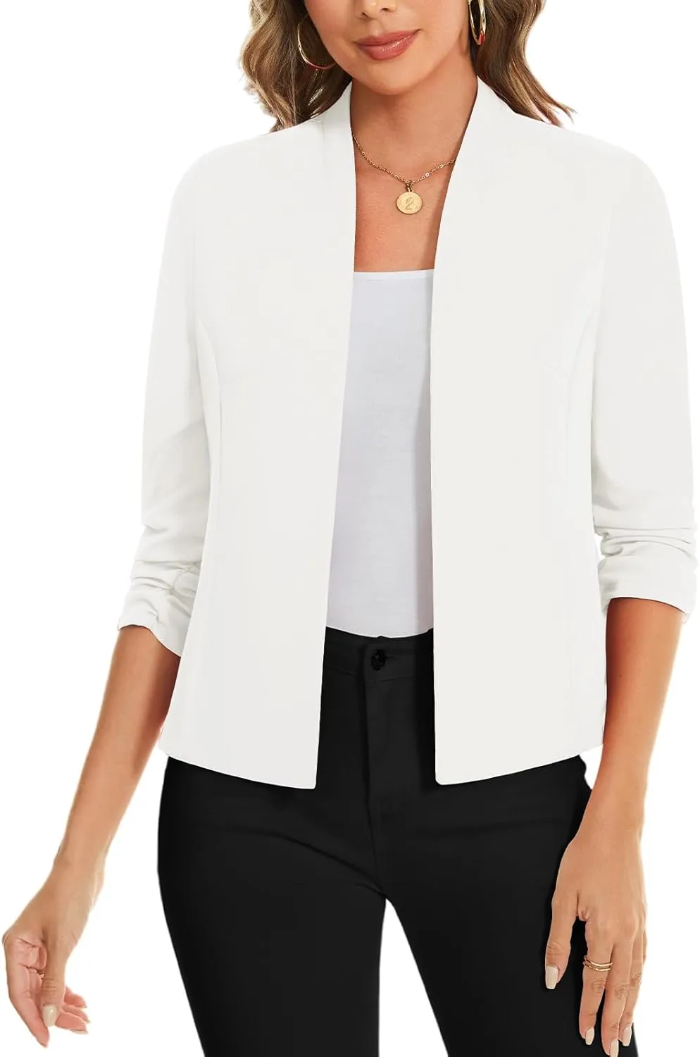 MINTLIMIT Women's Collarless Blazer Ruched 3/4 Sleeve Open Front Business Work Office Jacket Blazers