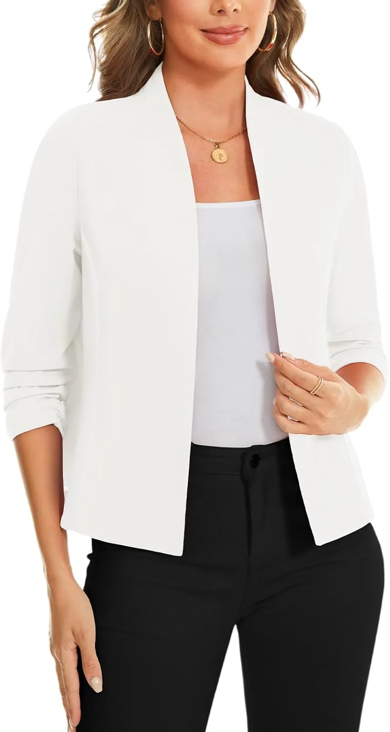 MINTLIMIT Women's Collarless Blazer Ruched 3/4 Sleeve Open Front Business Work Office Jacket Blazers