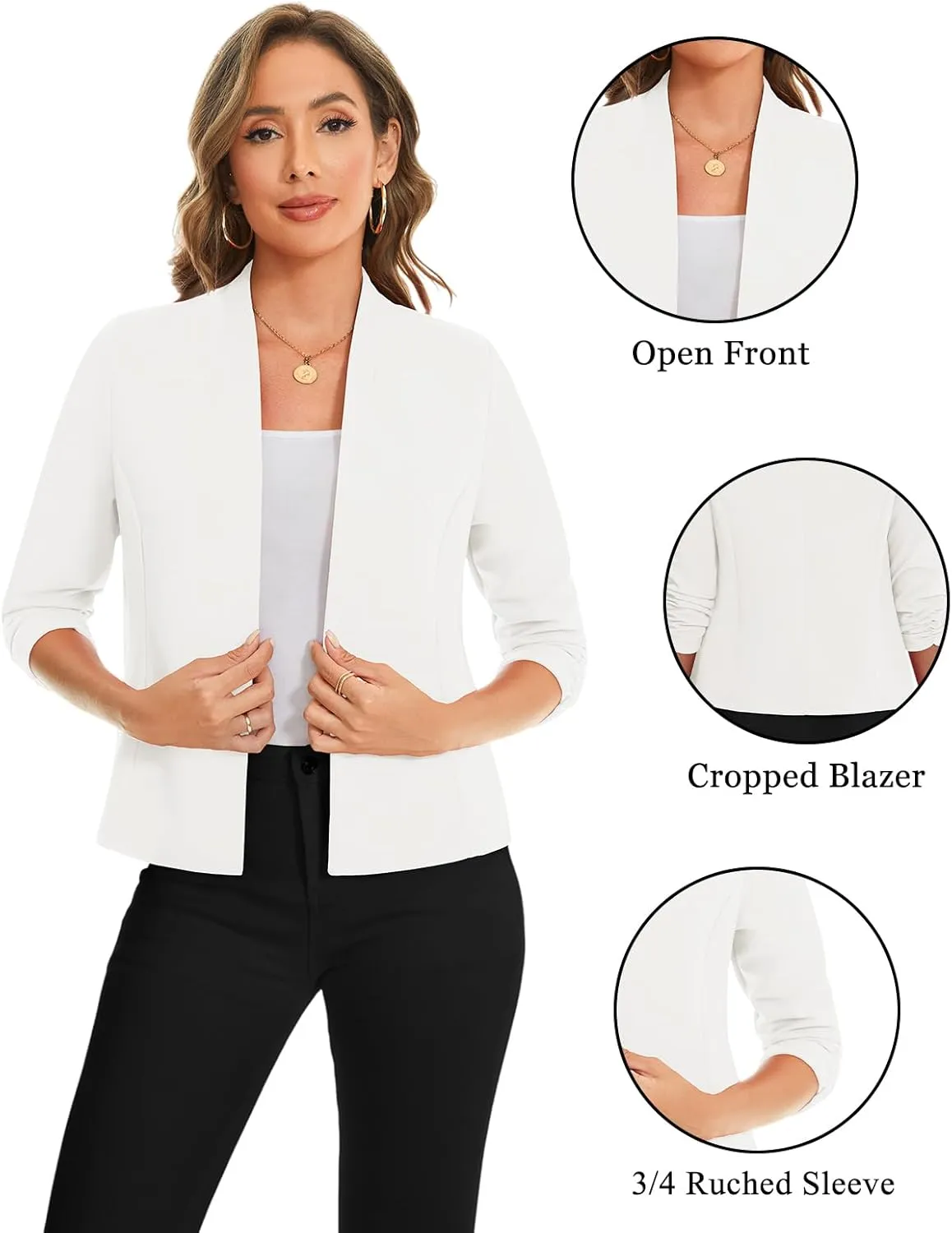 MINTLIMIT Women's Collarless Blazer Ruched 3/4 Sleeve Open Front Business Work Office Jacket Blazers