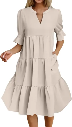 Mmoneyake Women's Summer Dresses Short Sleeve V Neck Ruffle Tiered Flowy Boho Beach Dresses Swing A Line Babydoll Mini Dress