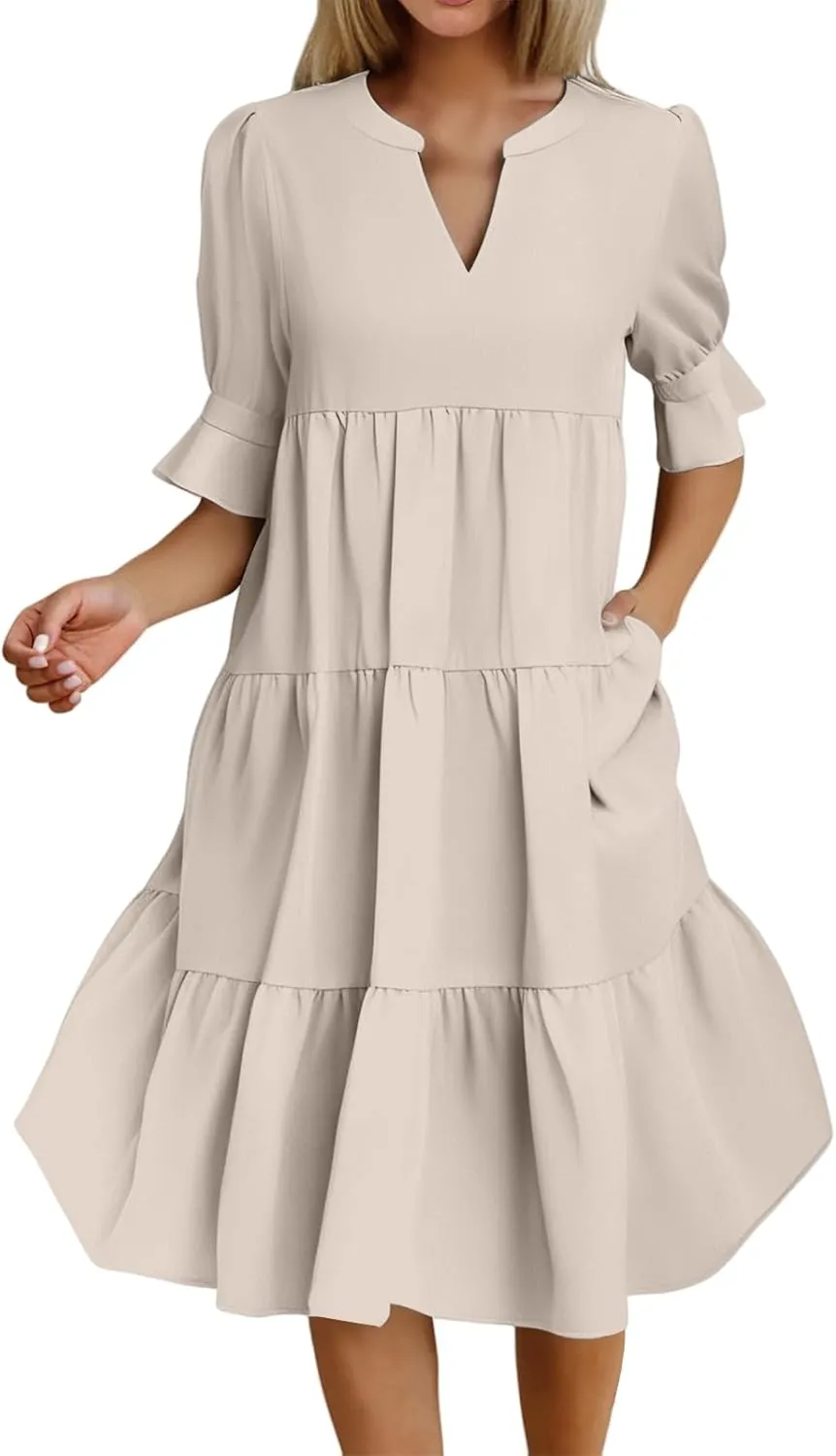 Mmoneyake Women's Summer Dresses Short Sleeve V Neck Ruffle Tiered Flowy Boho Beach Dresses Swing A Line Babydoll Mini Dress