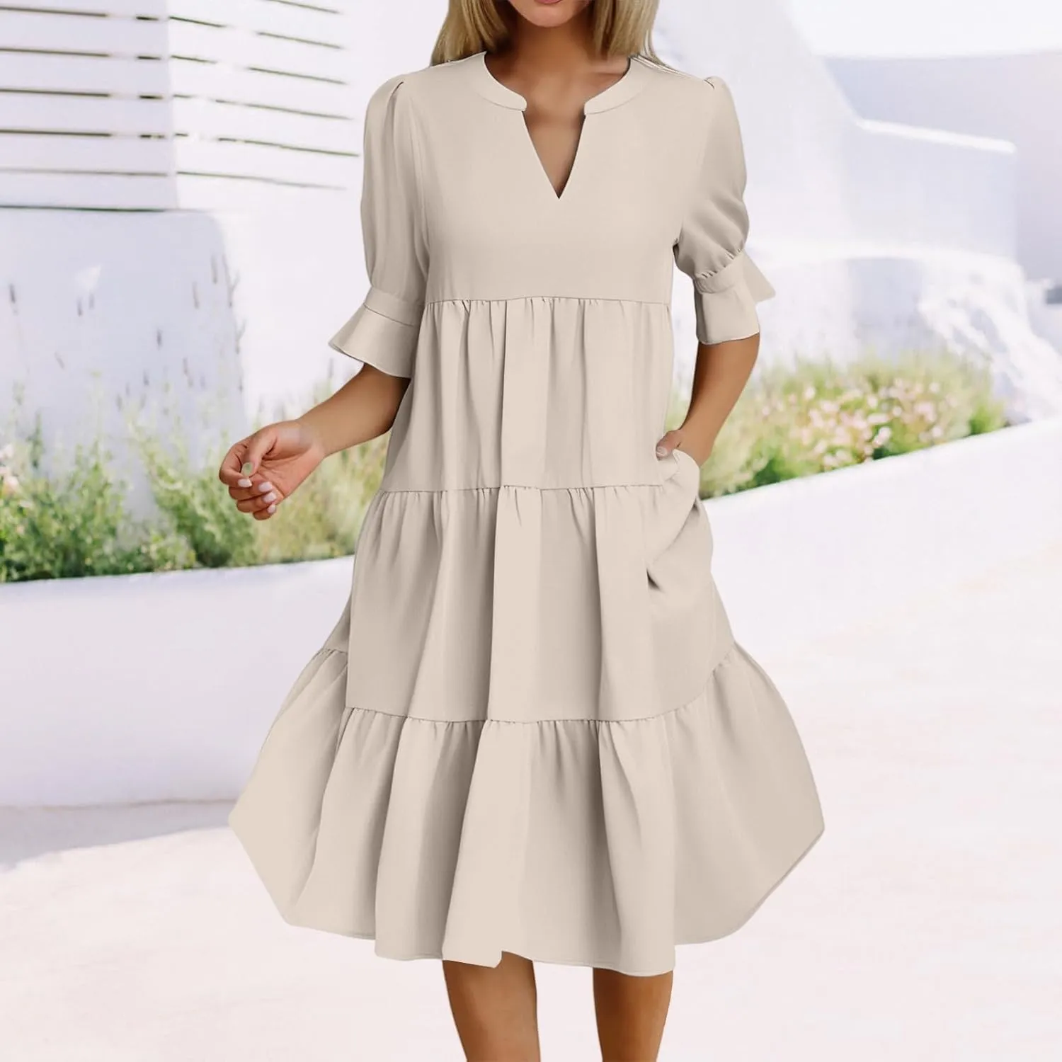Mmoneyake Women's Summer Dresses Short Sleeve V Neck Ruffle Tiered Flowy Boho Beach Dresses Swing A Line Babydoll Mini Dress