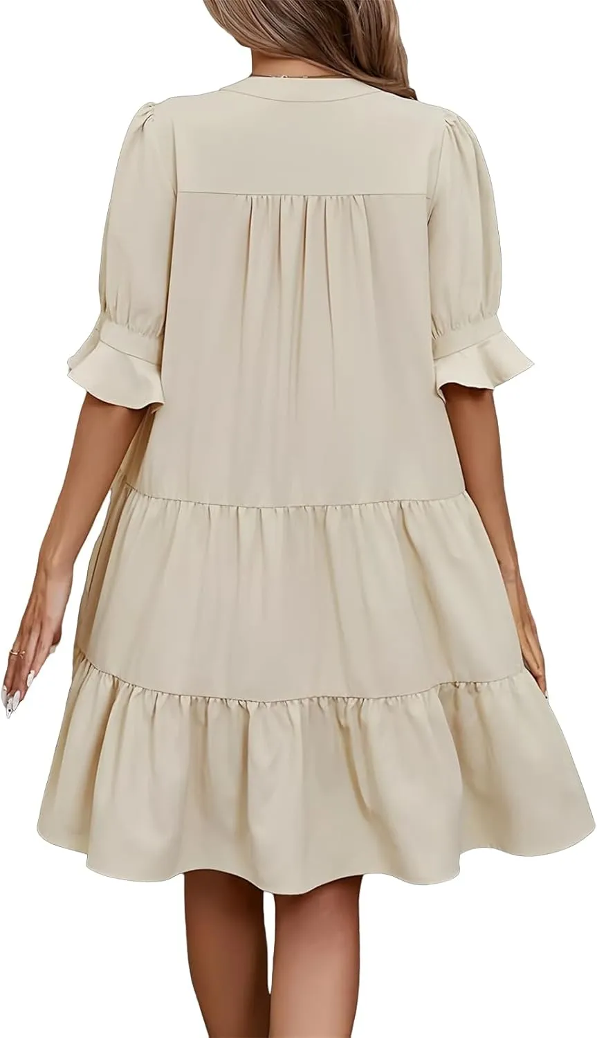 Mmoneyake Women's Summer Dresses Short Sleeve V Neck Ruffle Tiered Flowy Boho Beach Dresses Swing A Line Babydoll Mini Dress