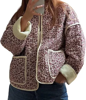 Muineobuka Women Y2k Quilted Jacket Long Sleeve Open Front Floral Lightweight Jacket Padded Quilted Cropped Cardigan Jackets