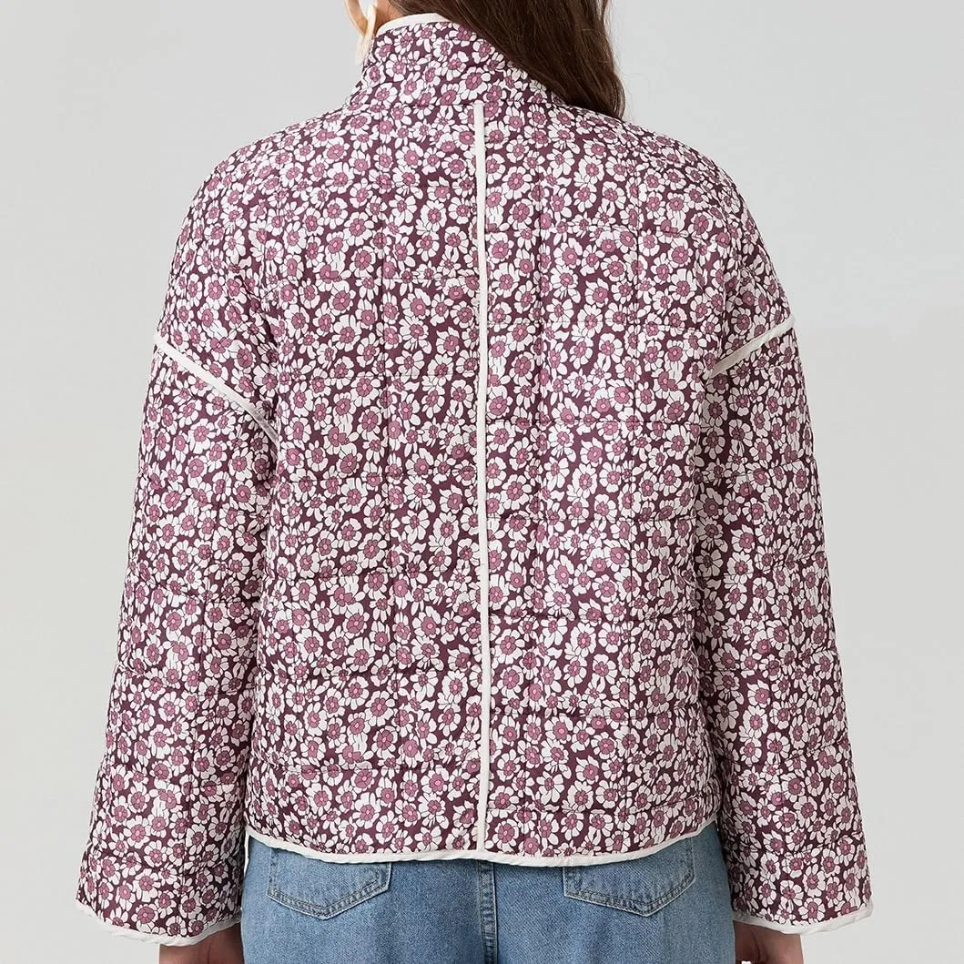 Muineobuka Women Y2k Quilted Jacket Long Sleeve Open Front Floral Lightweight Jacket Padded Quilted Cropped Cardigan Jackets