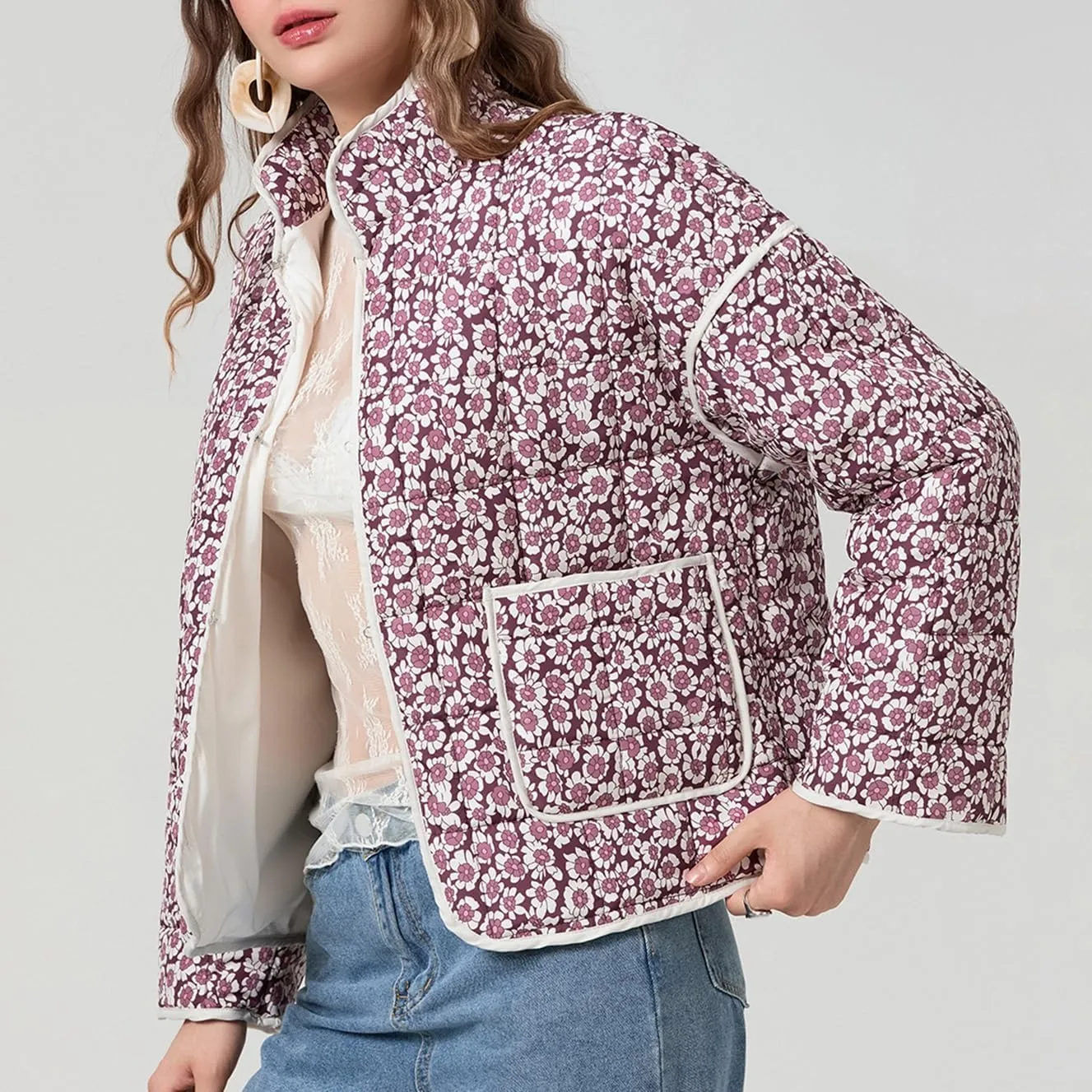 Muineobuka Women Y2k Quilted Jacket Long Sleeve Open Front Floral Lightweight Jacket Padded Quilted Cropped Cardigan Jackets