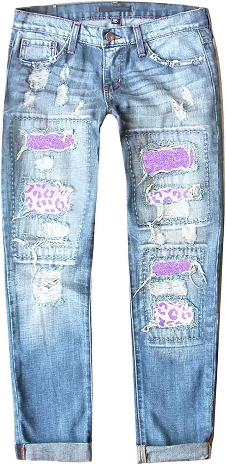 Muyise Women High Waist Skinny Stretch Ripped Jeans Sunflower Patch Destroyed Straight Leg Boyfriend Denim Pants with Pockets