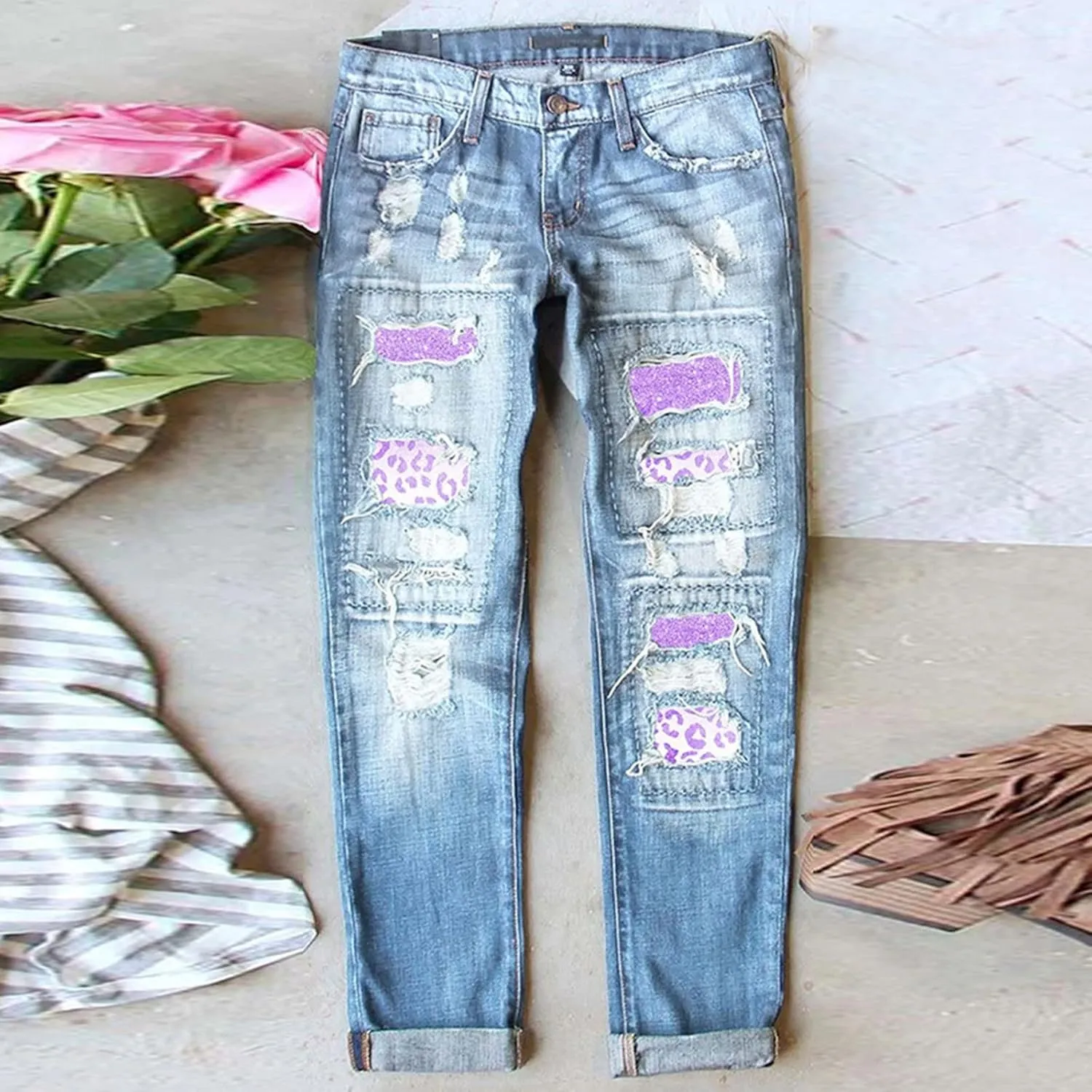 Muyise Women High Waist Skinny Stretch Ripped Jeans Sunflower Patch Destroyed Straight Leg Boyfriend Denim Pants with Pockets