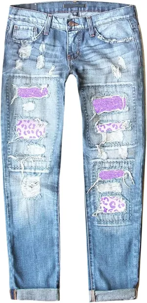Muyise Women High Waist Skinny Stretch Ripped Jeans Sunflower Patch Destroyed Straight Leg Boyfriend Denim Pants with Pockets