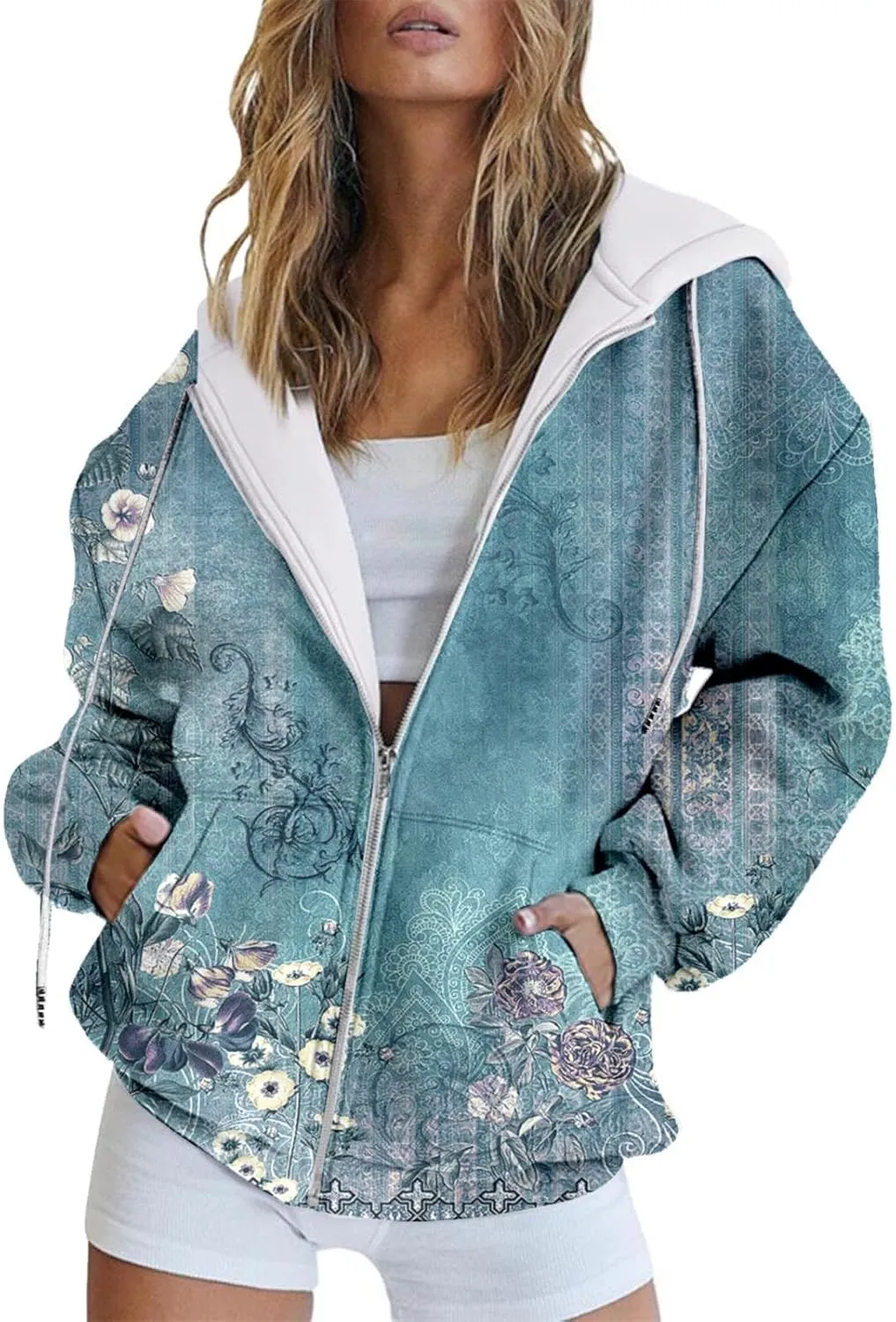 Muyise Women's Oversized Sweatshirt Full Zip Up Hoodie Long Sleeve Casual Drawstring Hooded Jackets Trendy Fall Outfits