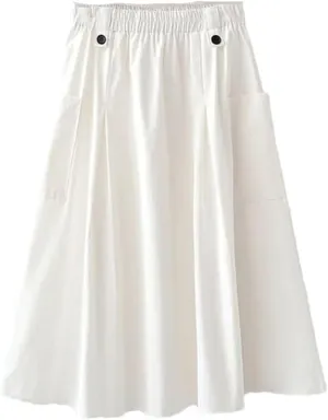 Niiyyjj Korean Summer Midi Skirt Women Cotton Pocket A-Line Casual Solid Elastic Waist Pleated Skirt