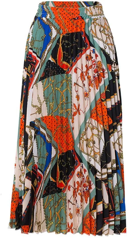 Only Faith Womens High Waist Elastic Printed Pleated Midi Skirts Swing Skirts