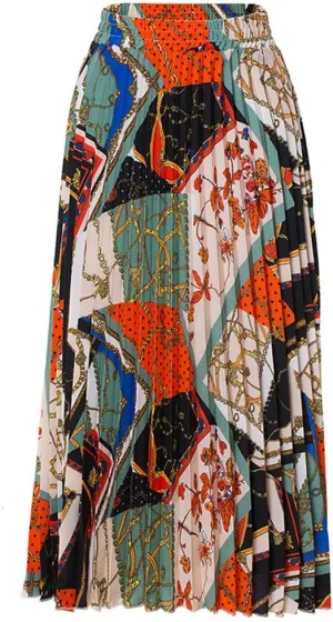 Only Faith Womens High Waist Elastic Printed Pleated Midi Skirts Swing Skirts