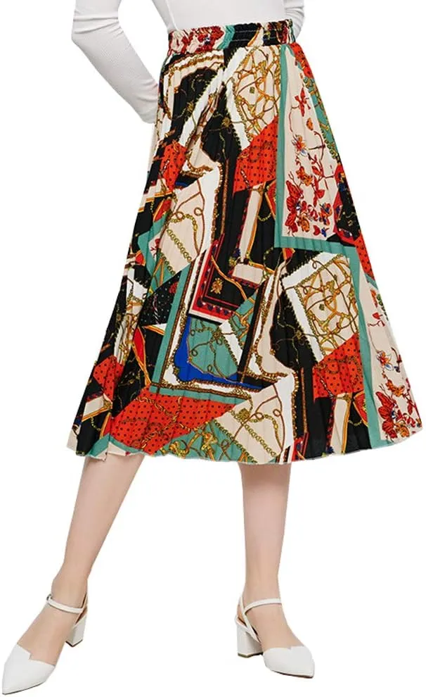 Only Faith Womens High Waist Elastic Printed Pleated Midi Skirts Swing Skirts
