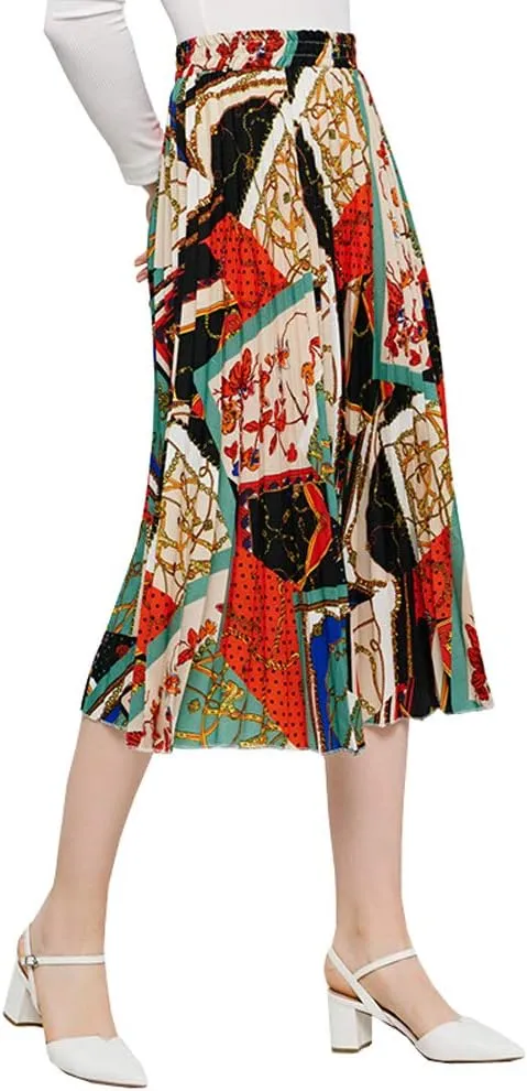 Only Faith Womens High Waist Elastic Printed Pleated Midi Skirts Swing Skirts