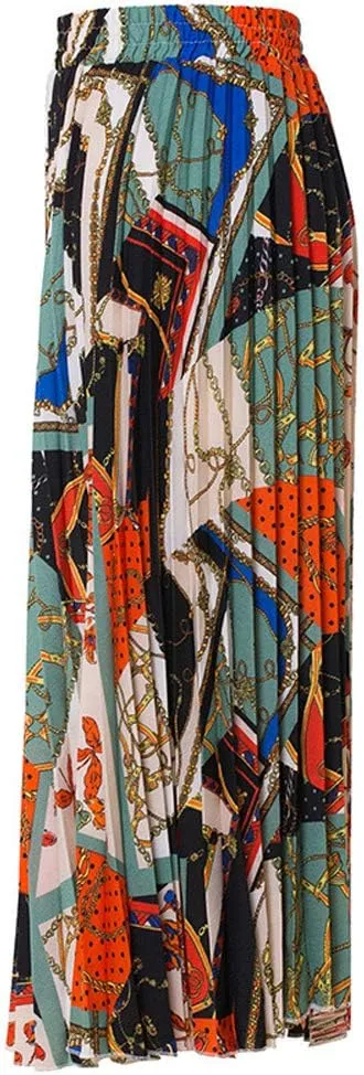 Only Faith Womens High Waist Elastic Printed Pleated Midi Skirts Swing Skirts