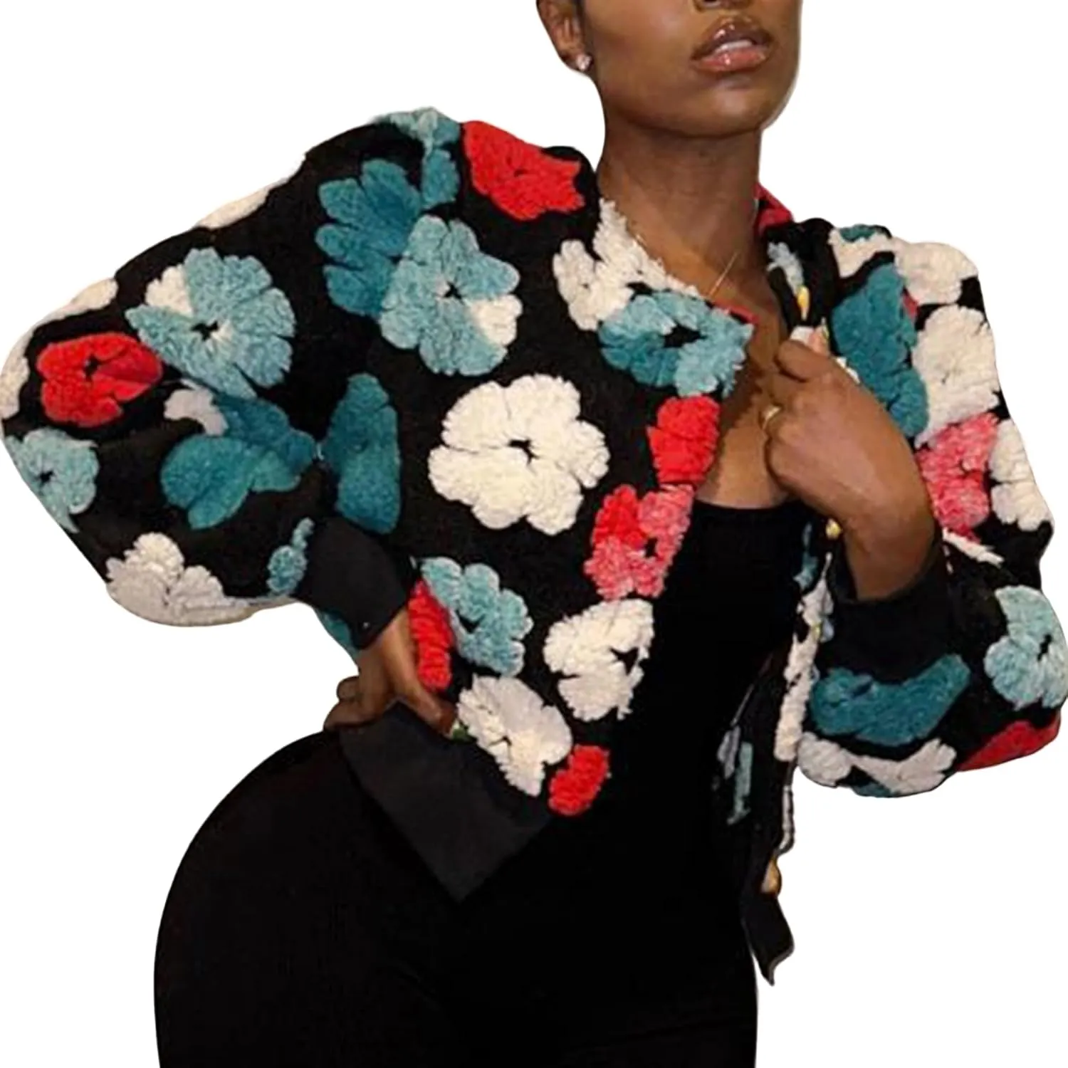 OPCAKM Women's Cropped Floral Print Shacket Jackets Round Neck Long Sleeve Bomber Coat Outerwears