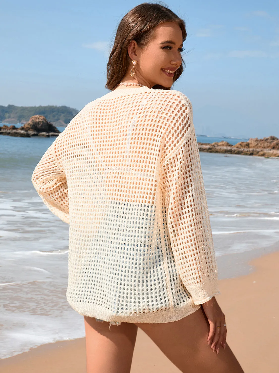 Openwork Dropped Shoulder Long Sleeve Cover-Up - 4 Colors