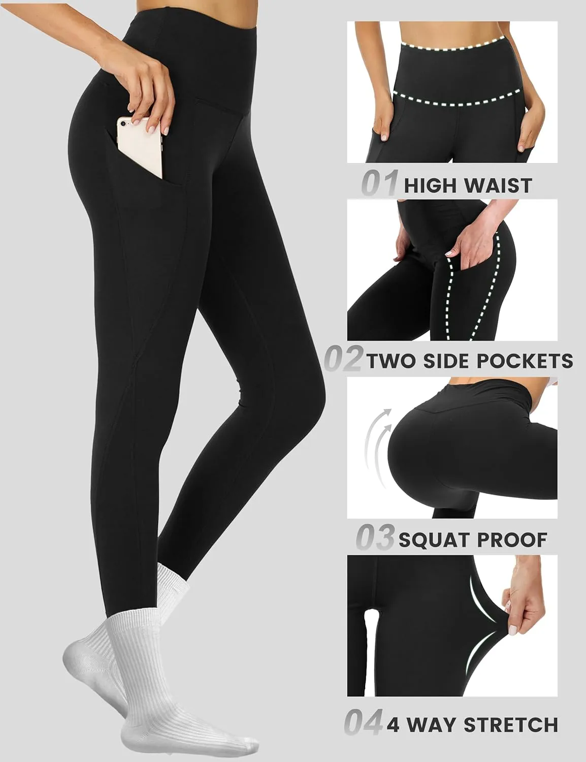Opuntia High Waisted Workout Yoga Legging with Pockets - Soft Thick Yoga Pants Comfy Stretch Casual Black Green Pink Pants