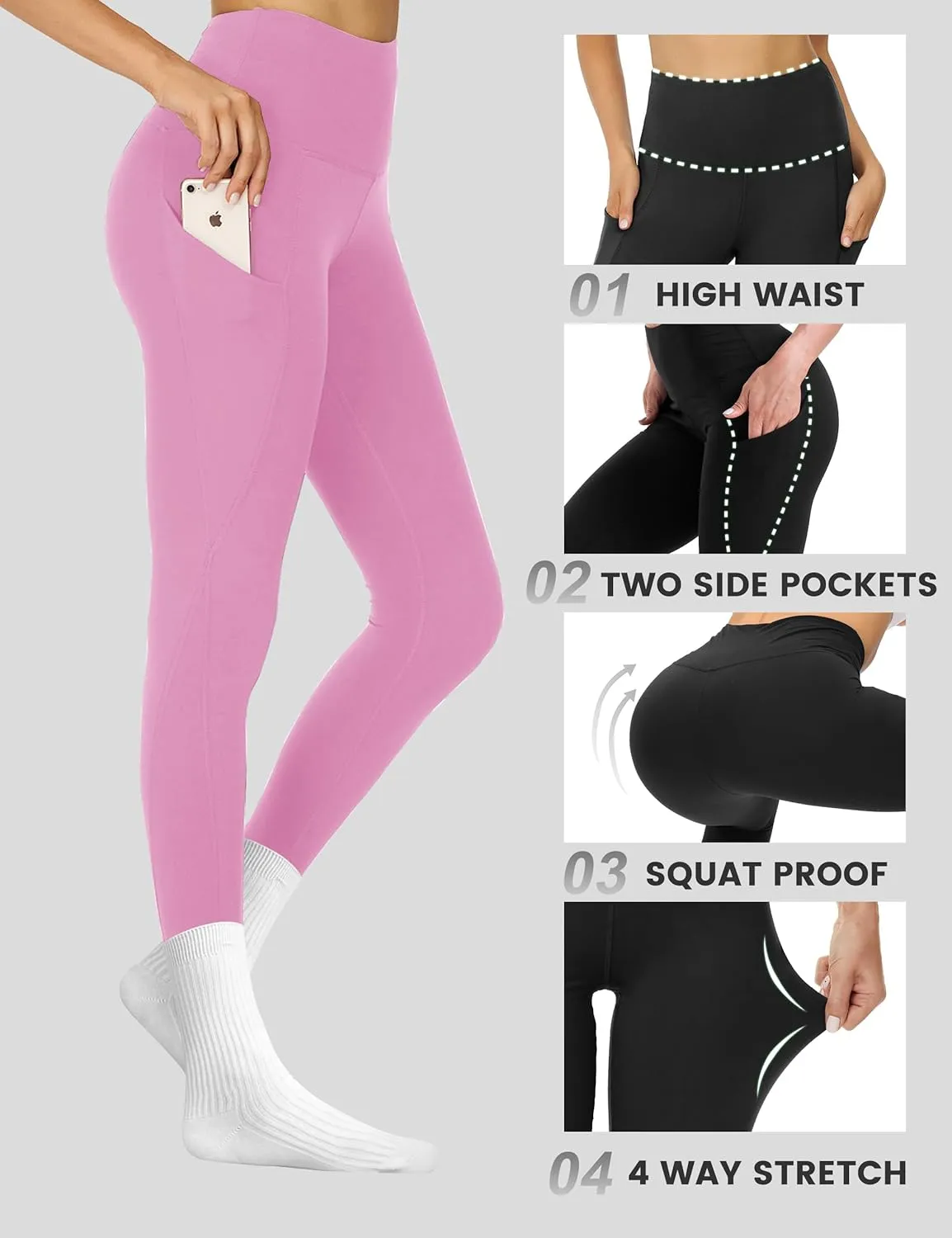 Opuntia High Waisted Workout Yoga Legging with Pockets - Soft Thick Yoga Pants Comfy Stretch Casual Black Green Pink Pants