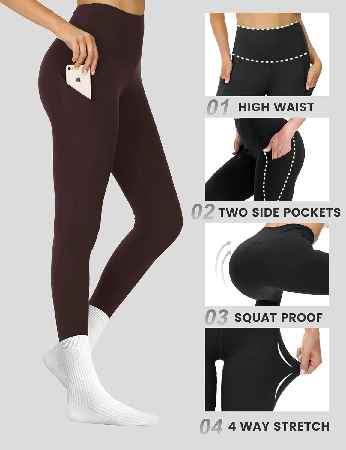 Opuntia High Waisted Workout Yoga Legging with Pockets - Soft Thick Yoga Pants Comfy Stretch Casual Black Green Pink Pants
