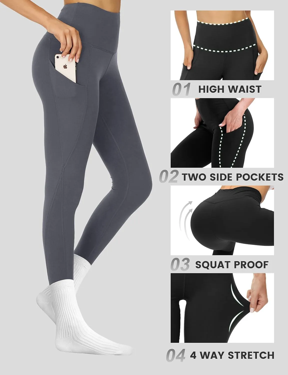 Opuntia High Waisted Workout Yoga Legging with Pockets - Soft Thick Yoga Pants Comfy Stretch Casual Black Green Pink Pants