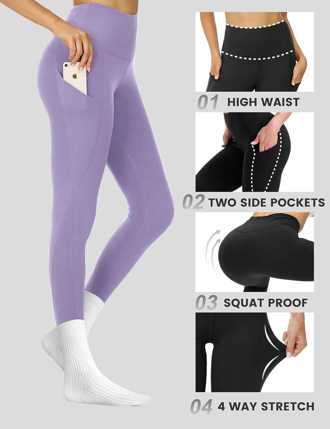 Opuntia High Waisted Workout Yoga Legging with Pockets - Soft Thick Yoga Pants Comfy Stretch Casual Black Green Pink Pants