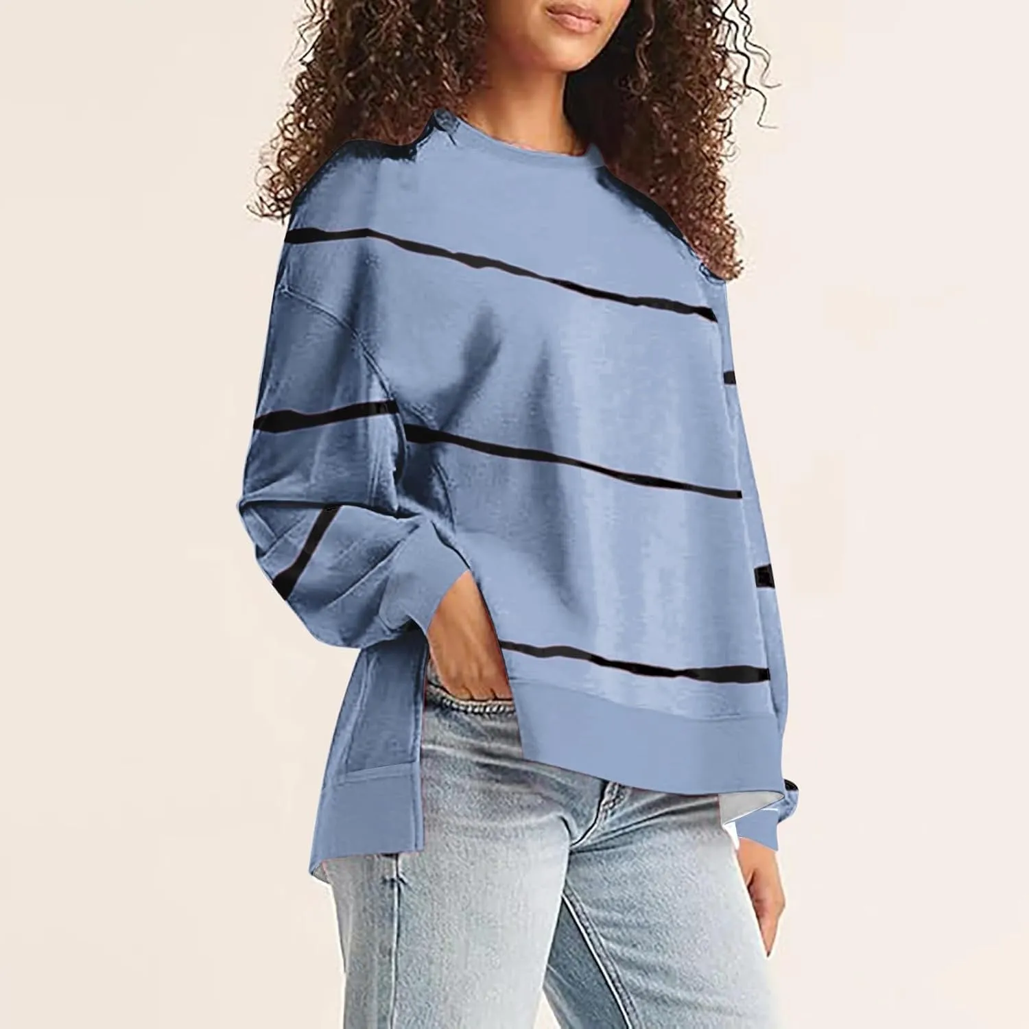 Oversized Striped Sweatshirts for Women Loose Side Slit High Low Hem Pullover Sweatshirts Autumn Casual Sports Hoodie