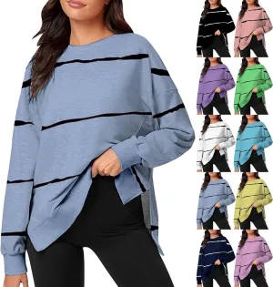 Oversized Striped Sweatshirts for Women Loose Side Slit High Low Hem Pullover Sweatshirts Autumn Casual Sports Hoodie